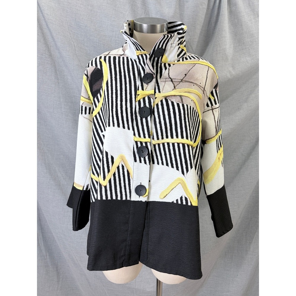 INC International Concepts Black, White & Yellow Patterned Button-Front Jacket